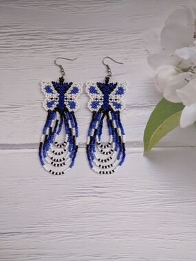 Blue, White & Black Beaded Fringe Earrings - Handmade Style